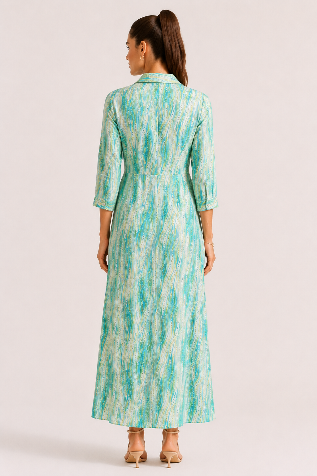 Blue Green Wave Print Viscose Maxi Dress