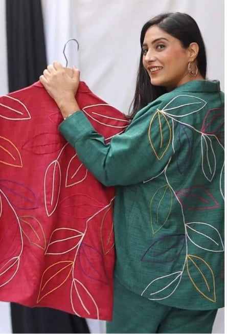 Olive Green Matka Silk Hand-Embroidered Co-ord Set