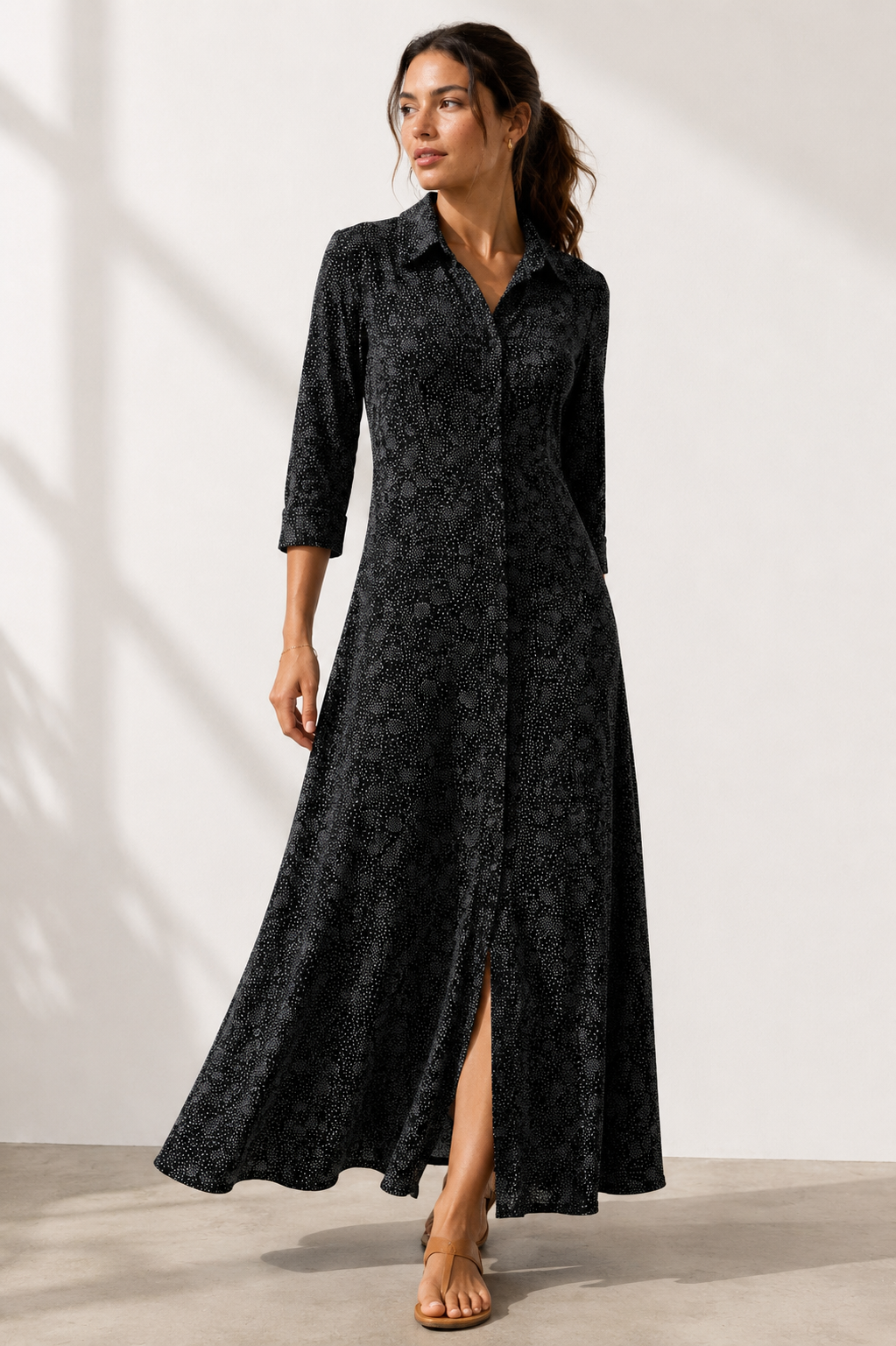 Black & White Ditsy Print Maxi Shirt Dress