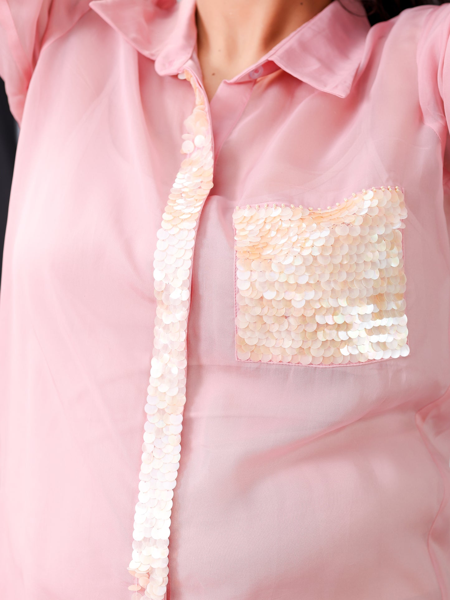Rose Pink Organza Sequined Shirt