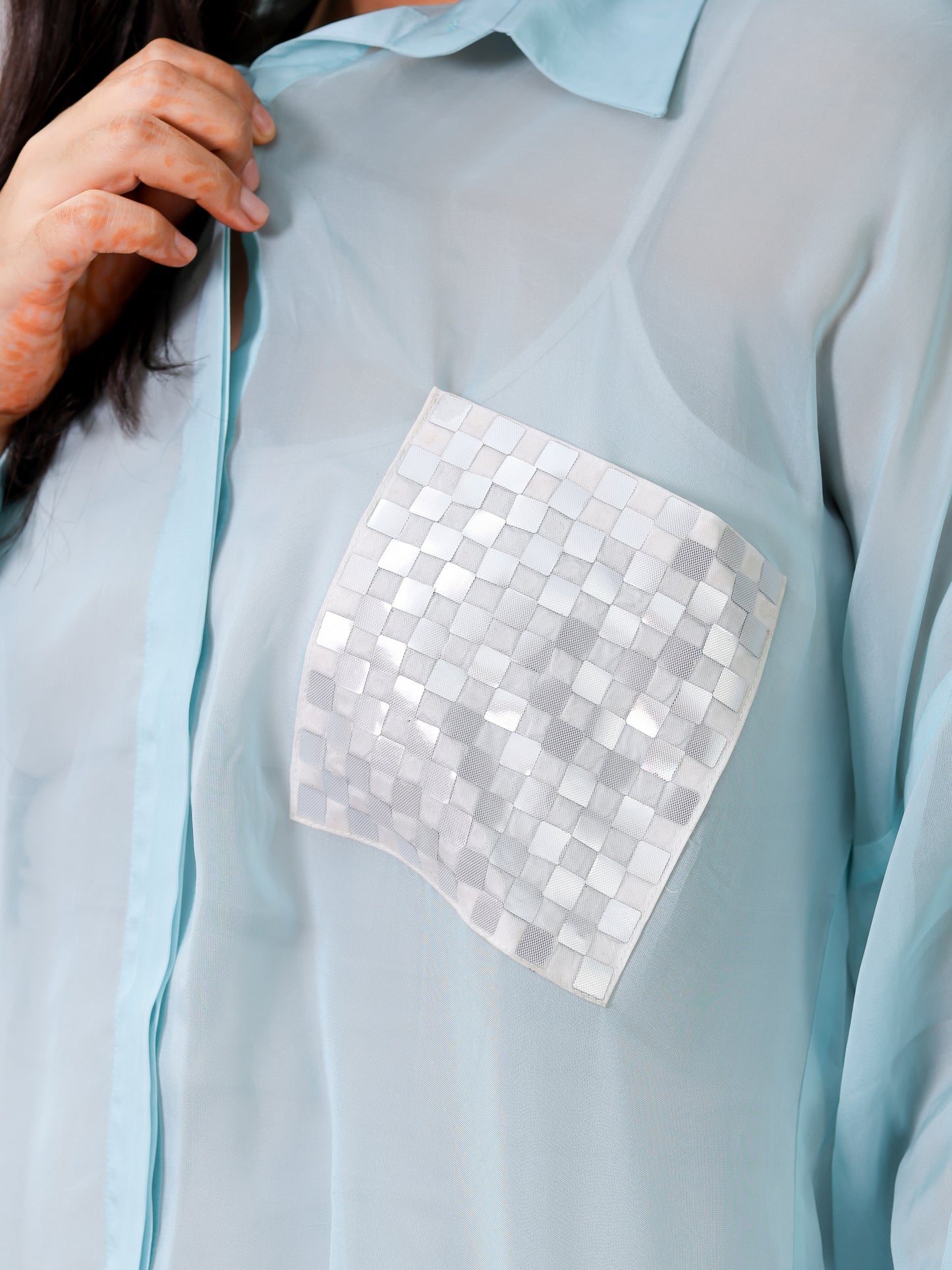 Sea Blue Mirror Embroidered Organza Shirt