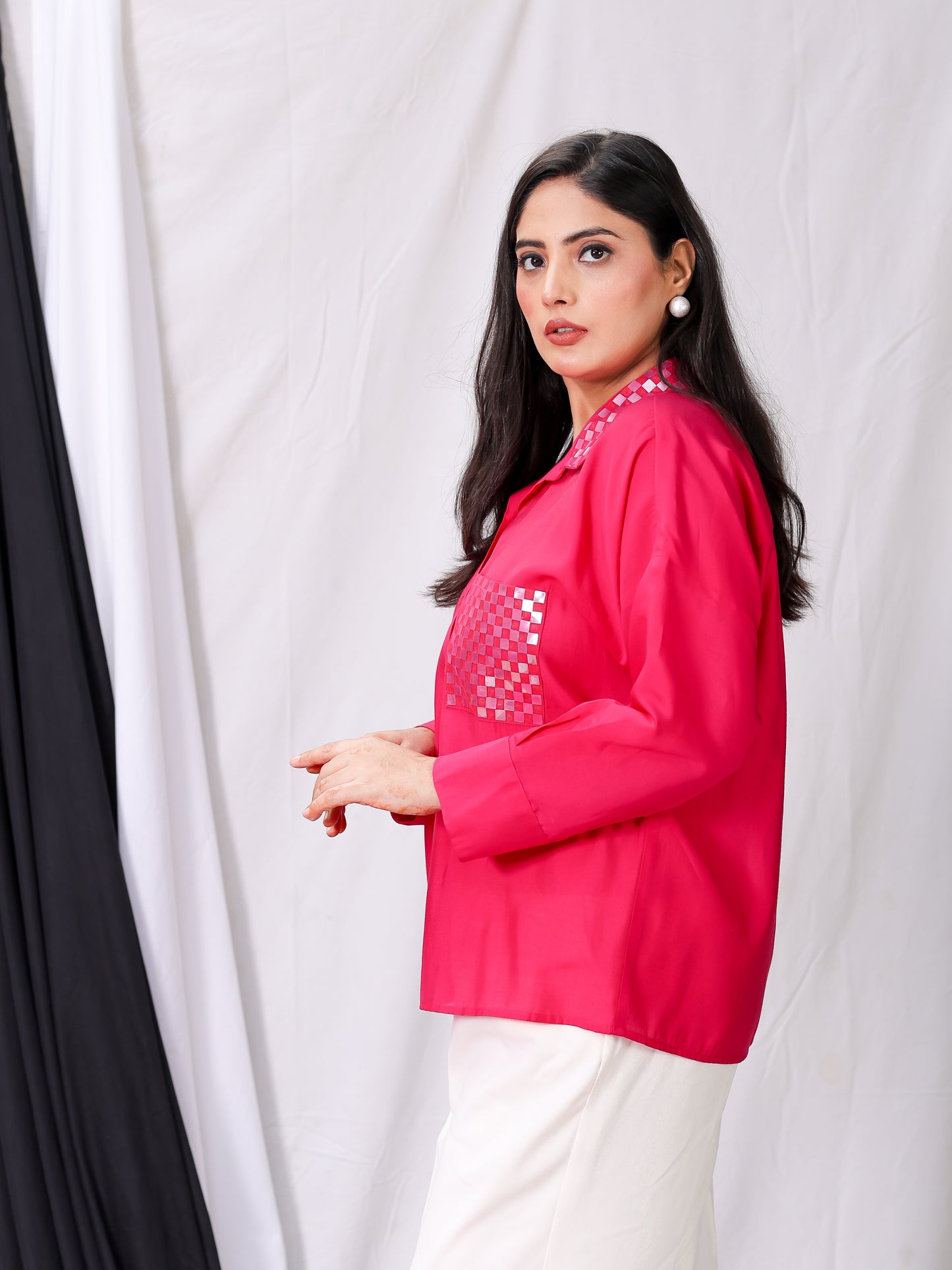 Fuchsia Cotton Silk Mirror Embroidered Oversized Shirt