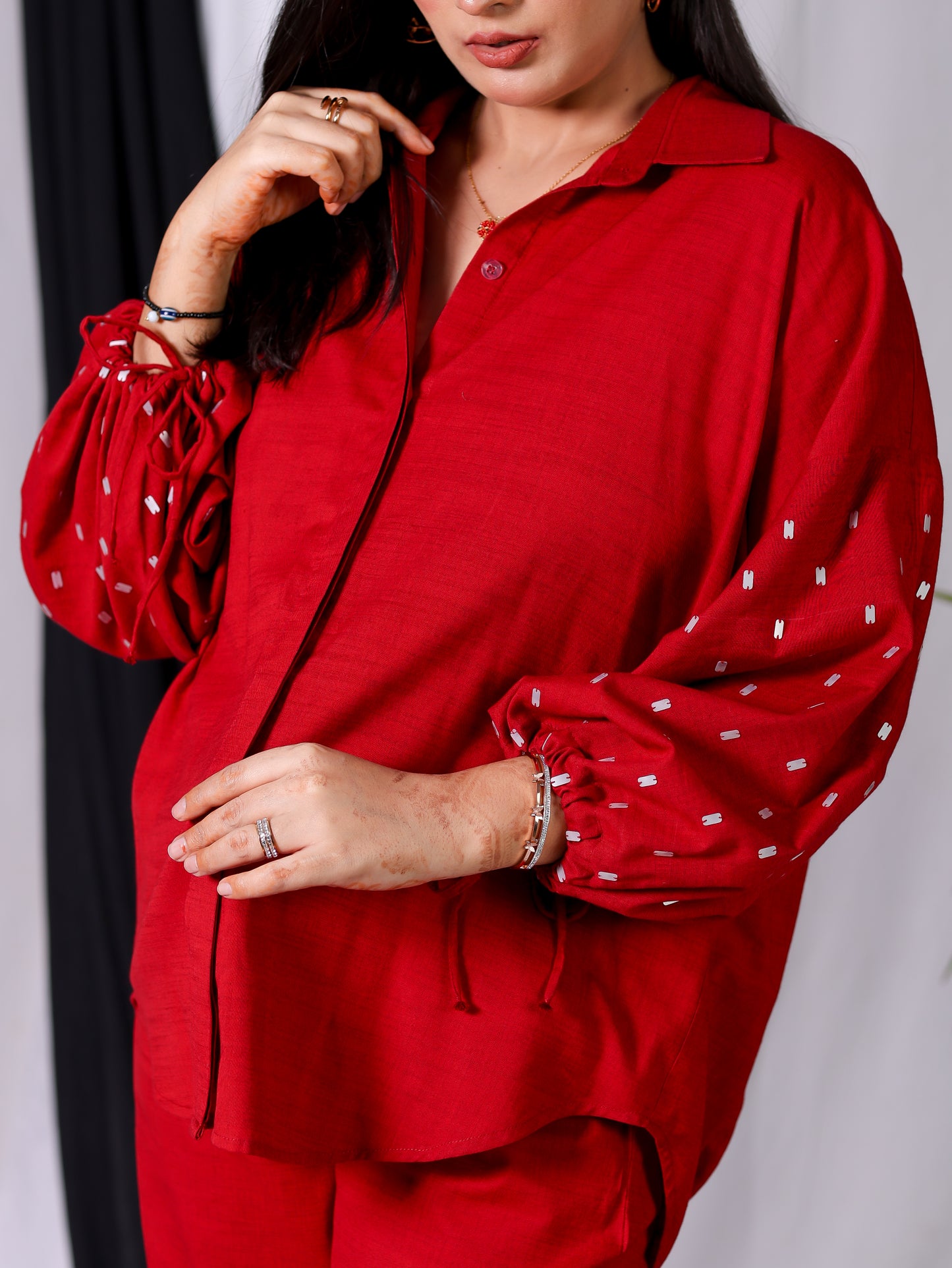 Cherry Red Embroidered Balloon Sleeve Shirt