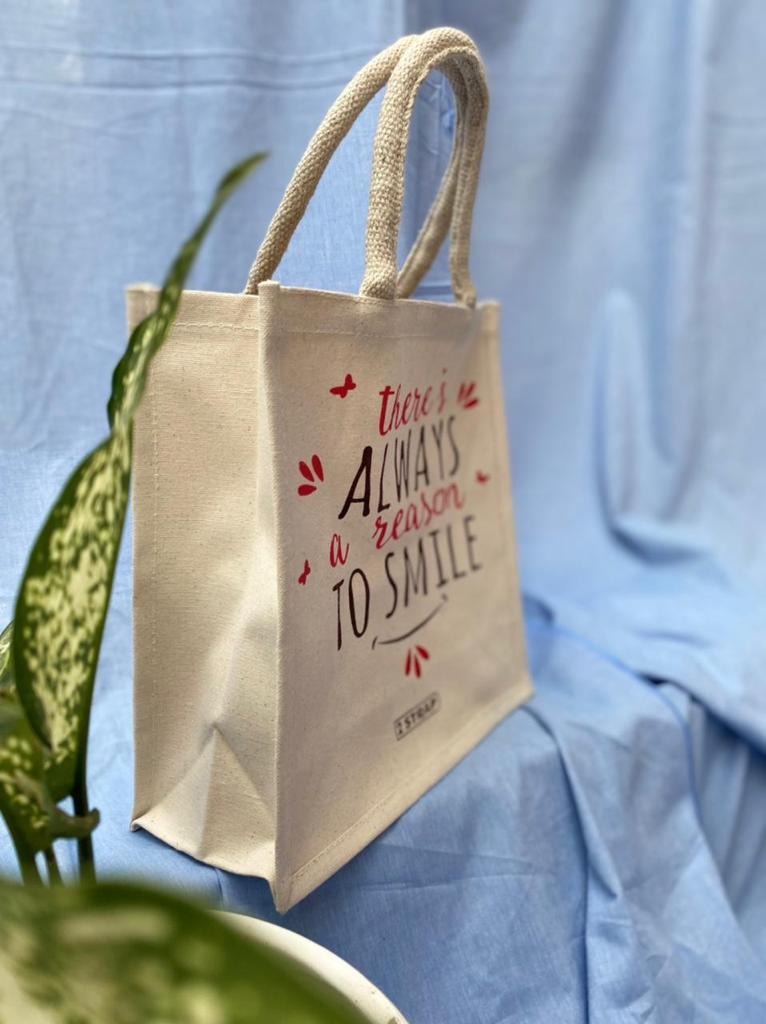 Sustainable and Reusable Smile Burlap Handbag