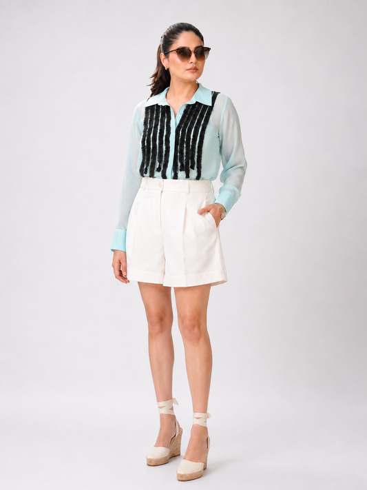 Sea Blue Organza Frill Shirt styled for Wimbledon 2026 | Yuniku London