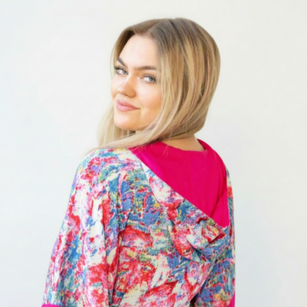 A woman with blonde hair is shown from the back wearing a colorful, abstract-patterned long-sleeve top with a vibrant hot pink collar, set against a plain light gray background.