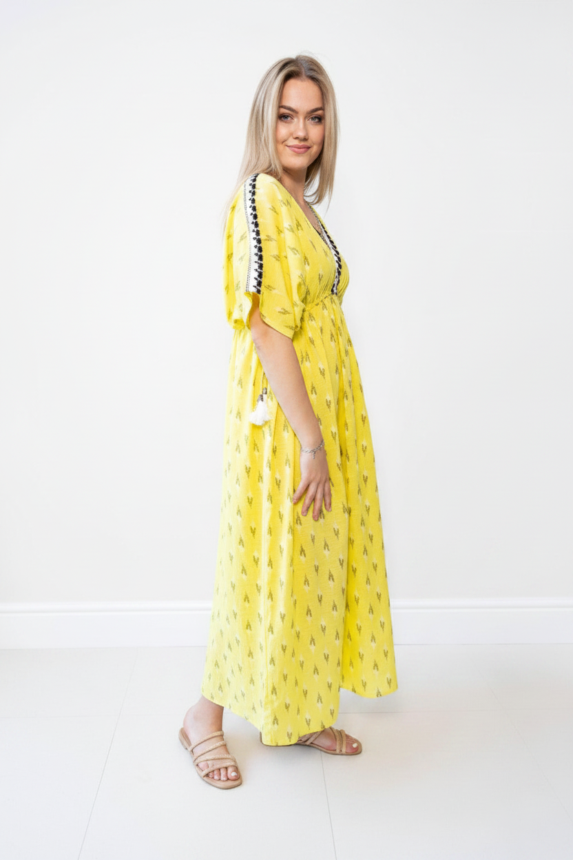 Sunshine Yellow Cotton Dresstan | Handloom Crochet Detail