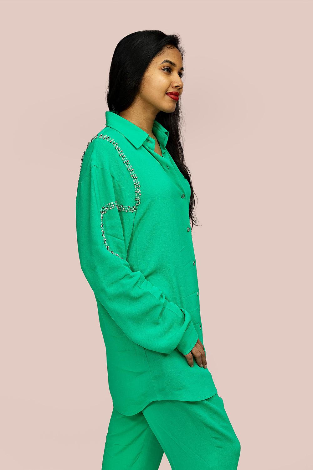 Embellished Parrot Green Cord Set - Yuniku London