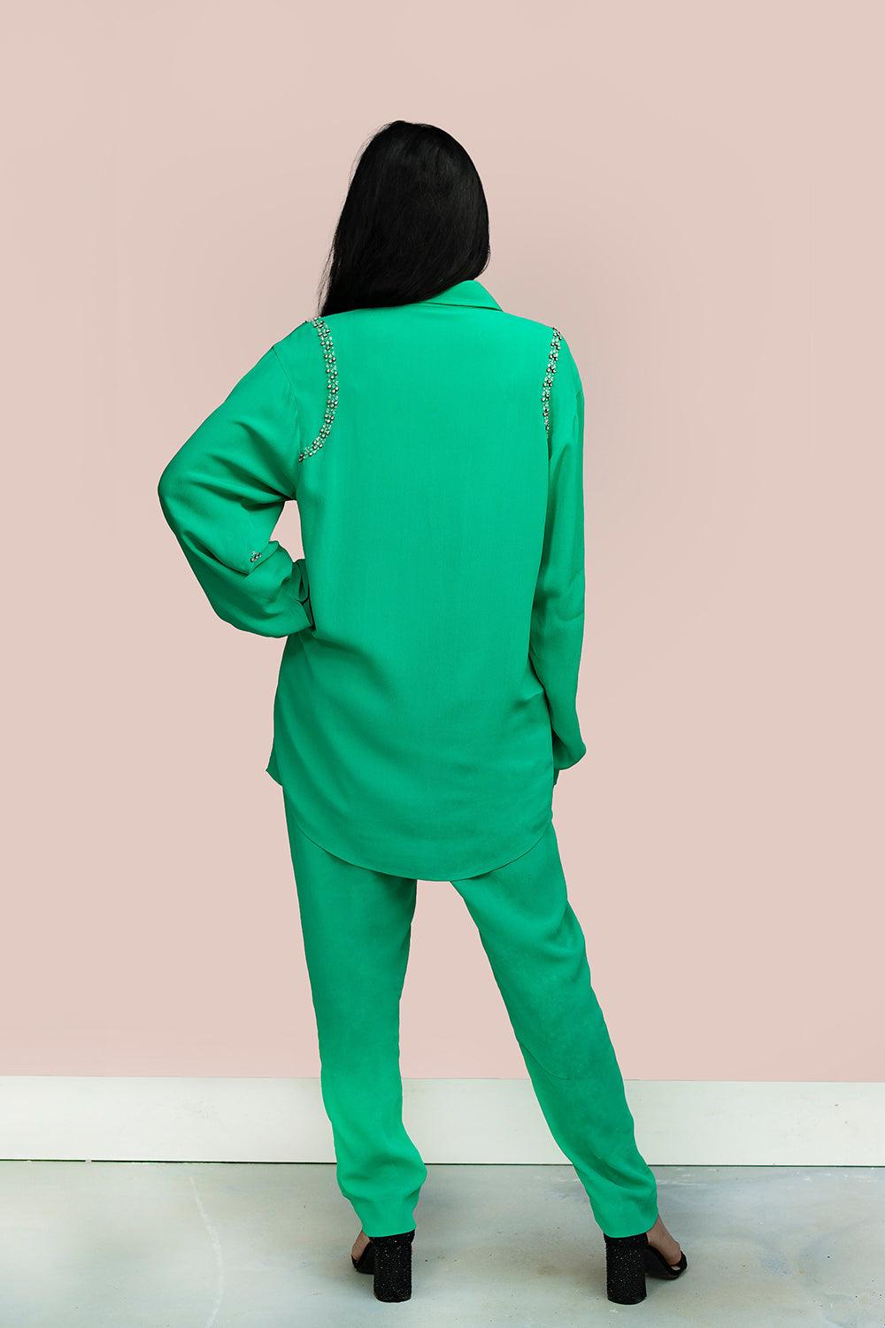 Embellished Parrot Green Cord Set - Yuniku London