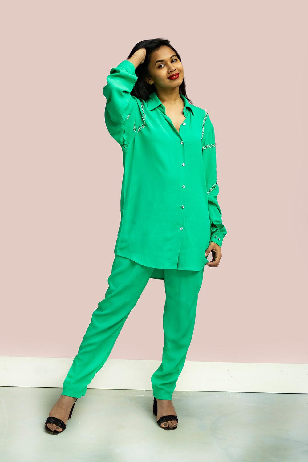 Embellished Parrot Green Cord Set - Yuniku London