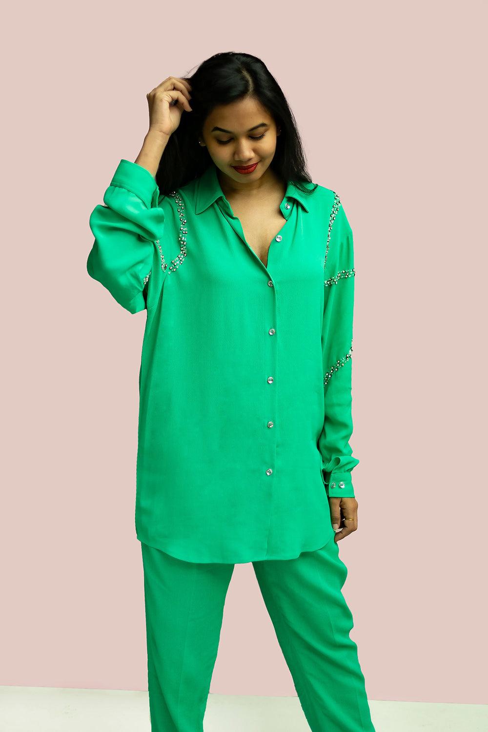 Embellished Parrot Green Cord Set - Yuniku London