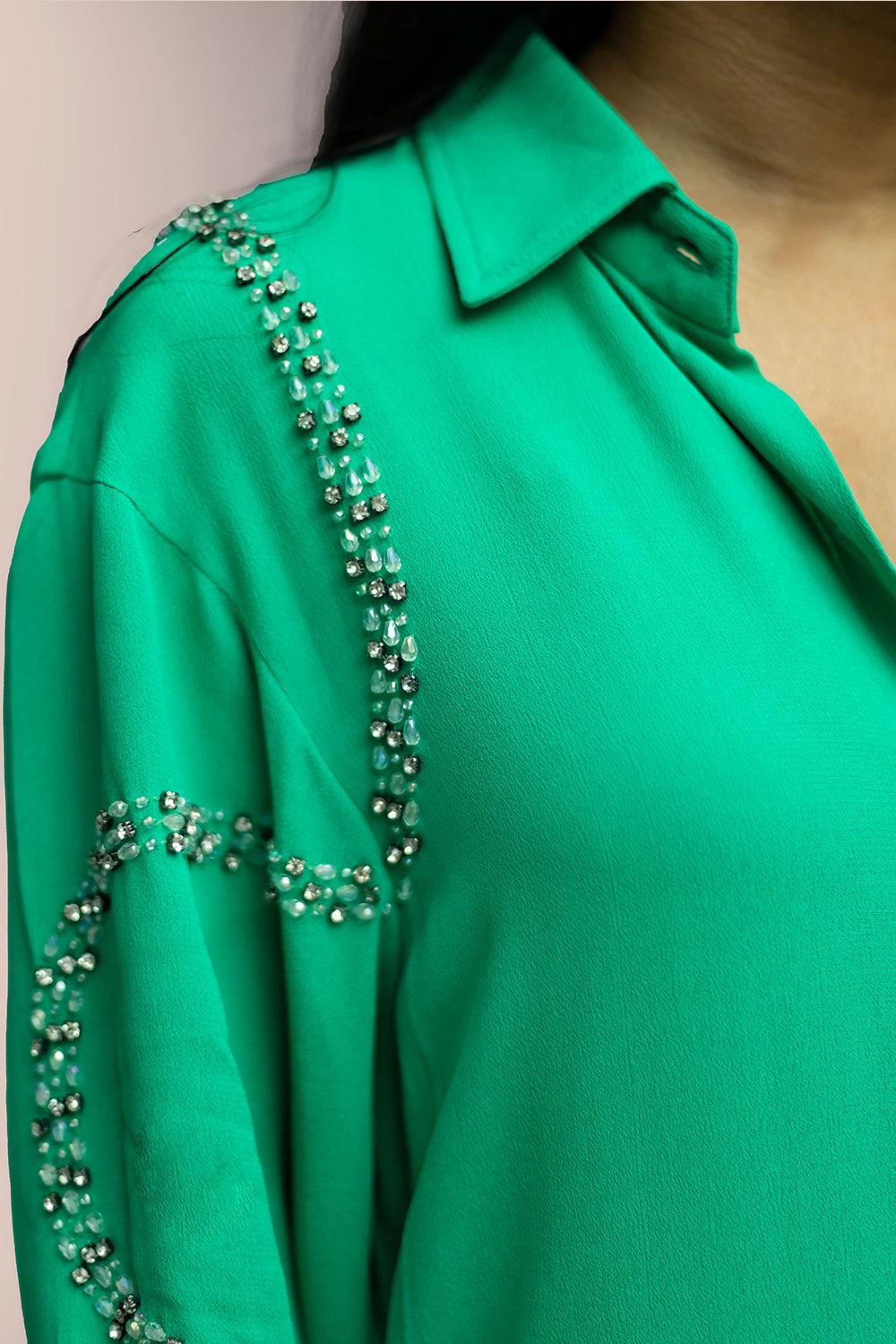 Embellished Parrot Green Cord Set - Yuniku London