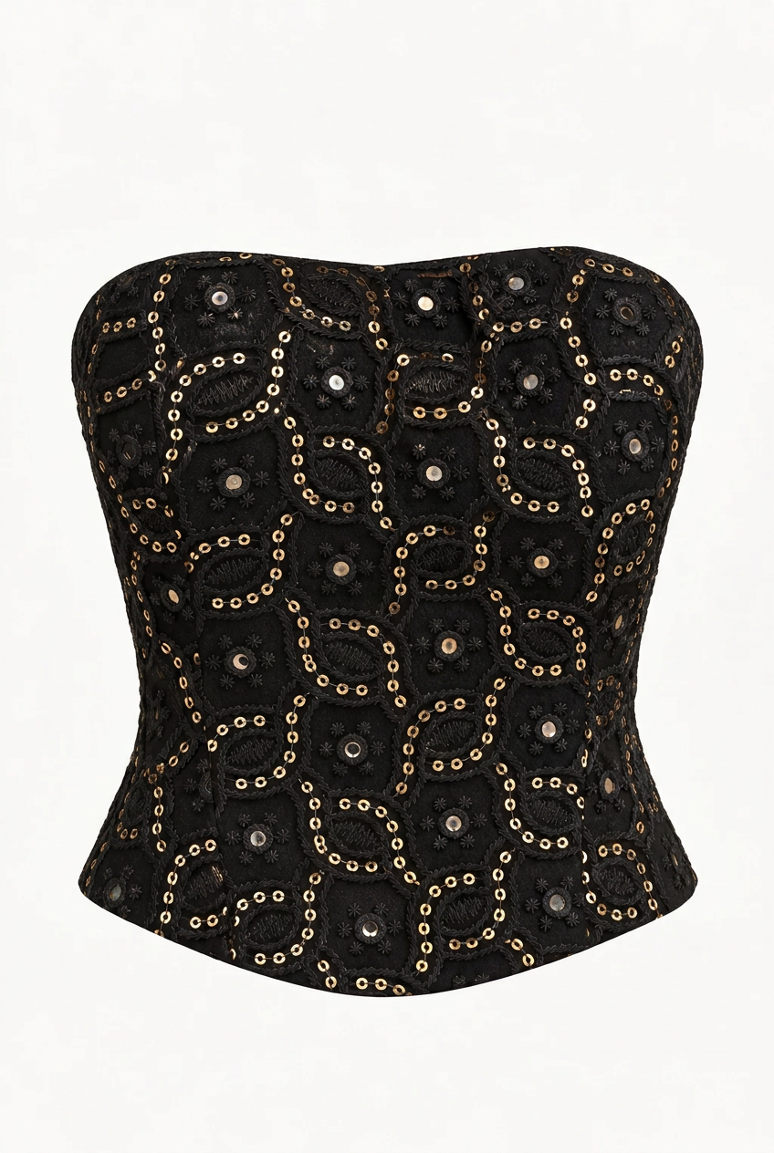 Black Embroidered Bustier and Skirt Set with Net Dupatta