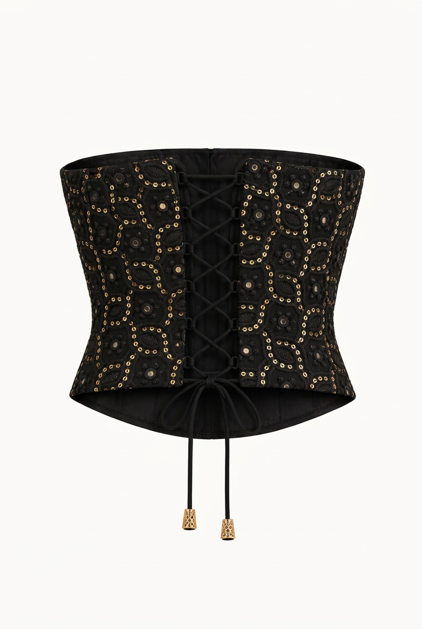 Back view of black embroidered bustier with adjustable lace-up ties and gold-tone tie ends.