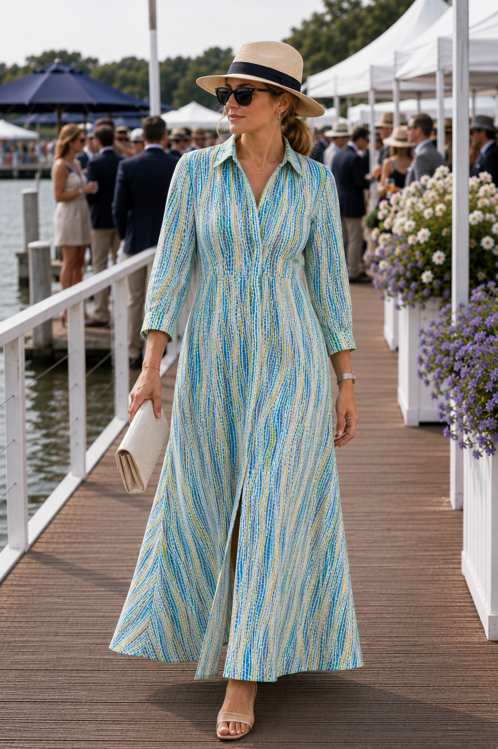 Blue Green Wave Print Viscose Maxi Dress