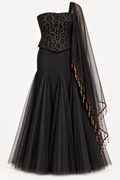 Black embroidered bustier and skirt set with sheer net dupatta.