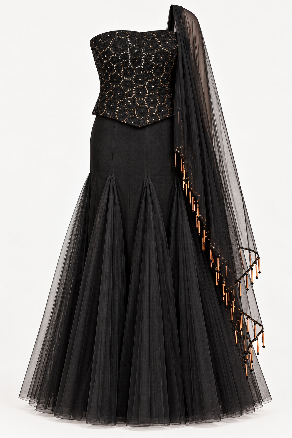 Black embroidered bustier and skirt set with sheer net dupatta.