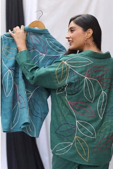 Olive Green Matka Silk Hand-Embroidered Co-ord Set