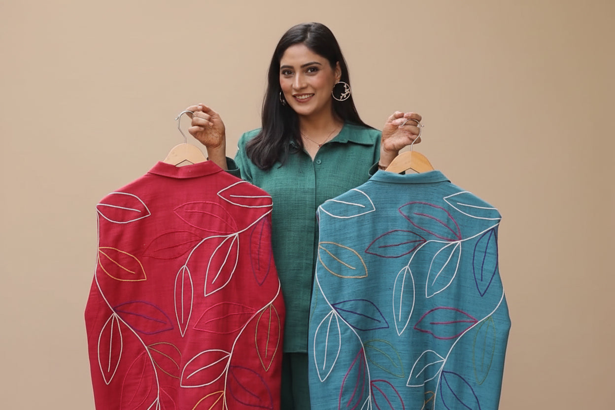 Olive Green Matka Silk Hand-Embroidered Co-ord Set