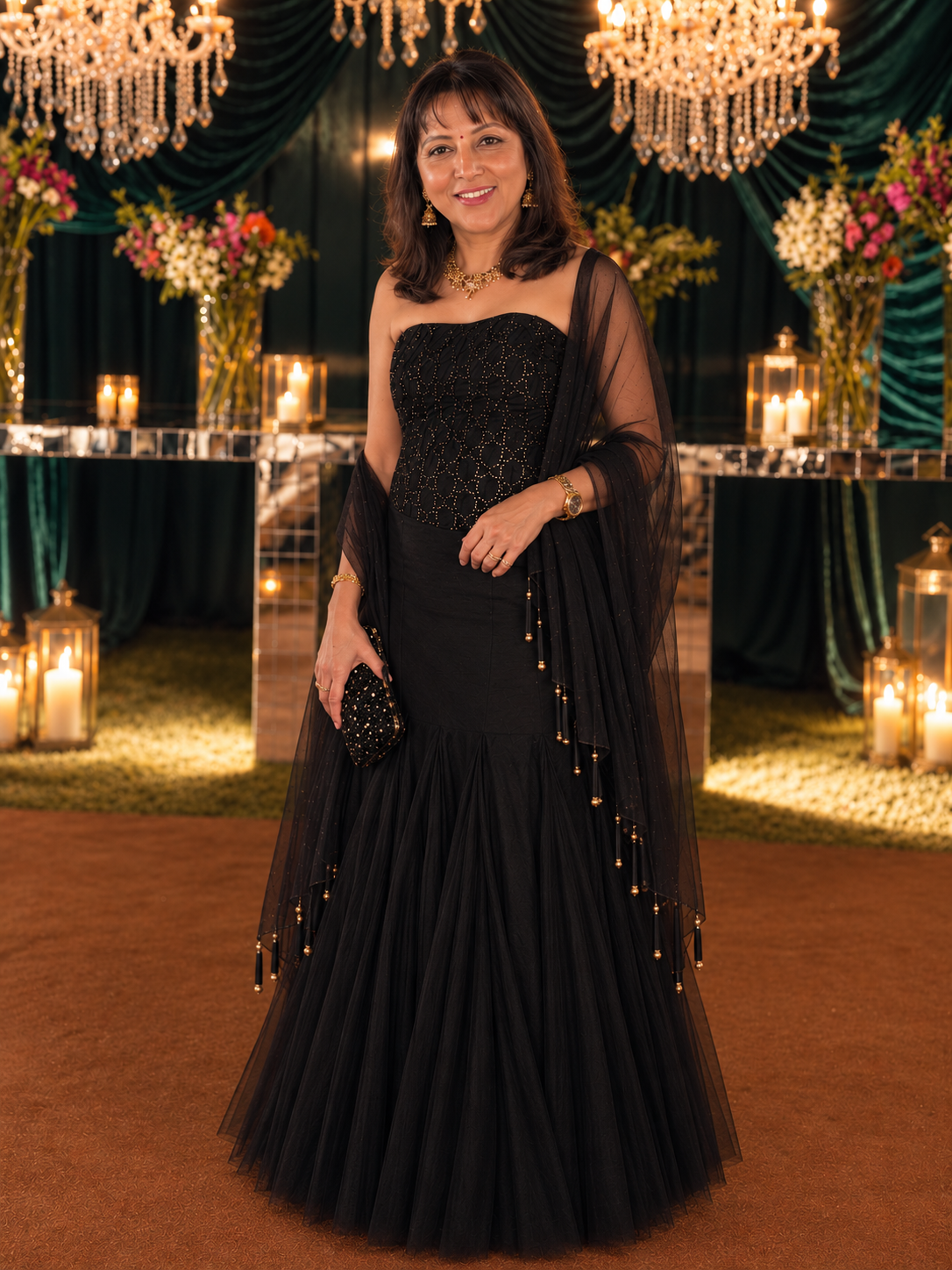 Black Embroidered Bustier and Skirt Set with Net Dupatta