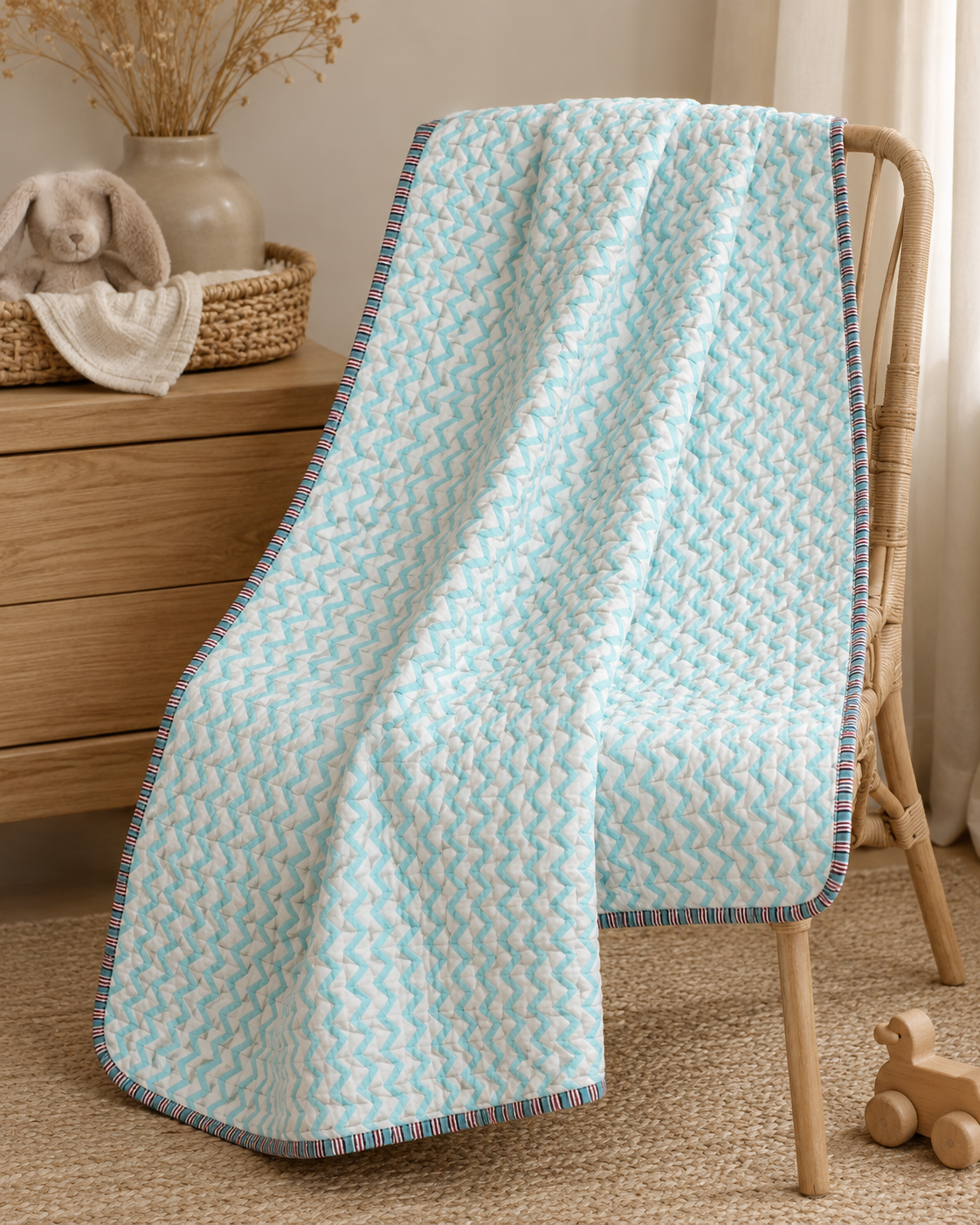A light aqua and white chevron-patterned quilted blanket draped over a wooden chair in a cozy nursery setting.