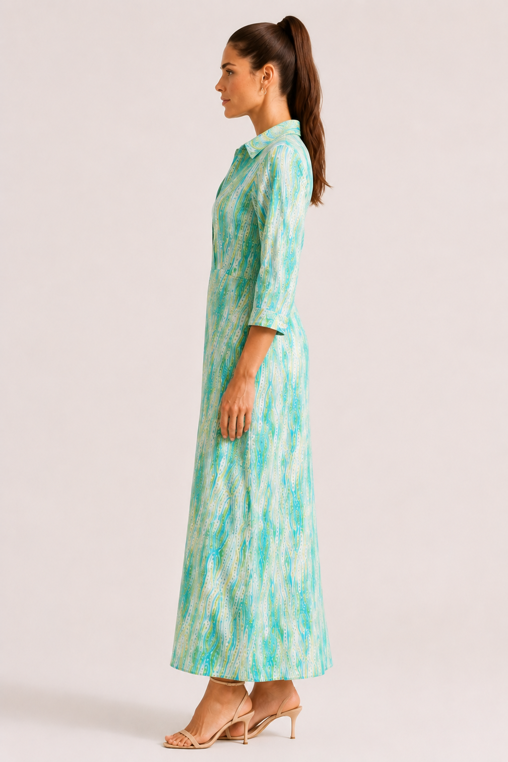 Blue Green Wave Print Viscose Maxi Dress