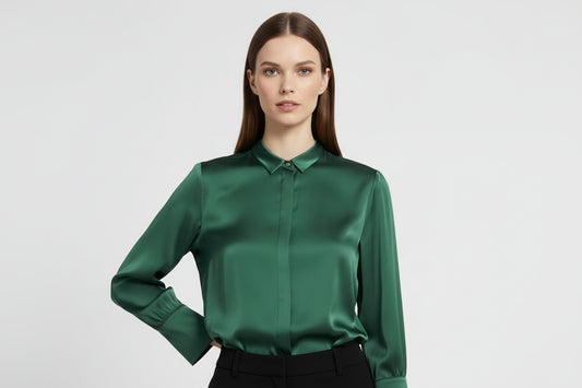 Woman wearing a green satin blouse and black pants on a light gray background