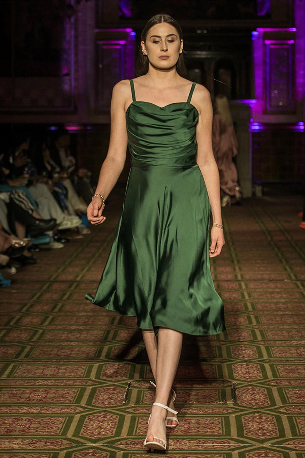 Luxury Drape A-line Emerald Green Dress - Yuniku London