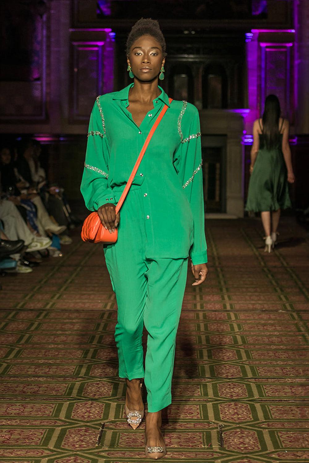 Embellished Parrot Green Cord Set - Yuniku London