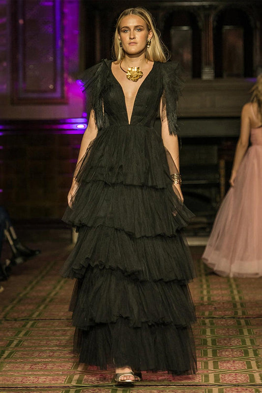 Black Ruffled Gown - Yuniku London