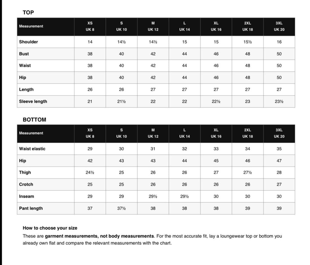 A size measurement chart for Yuniku London loungewear, showing a TOP and BOTTOM measurement table with UK sizes 8 to 20 and a sizing guide below on a white background.
