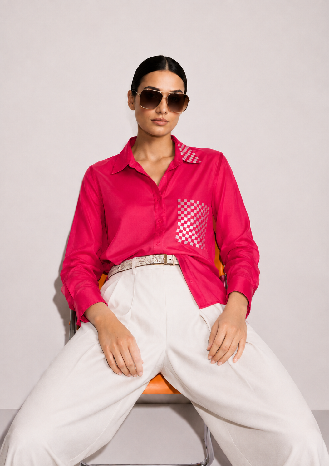 Fuchsia Cotton Silk Mirror Embroidered Oversized Shirt