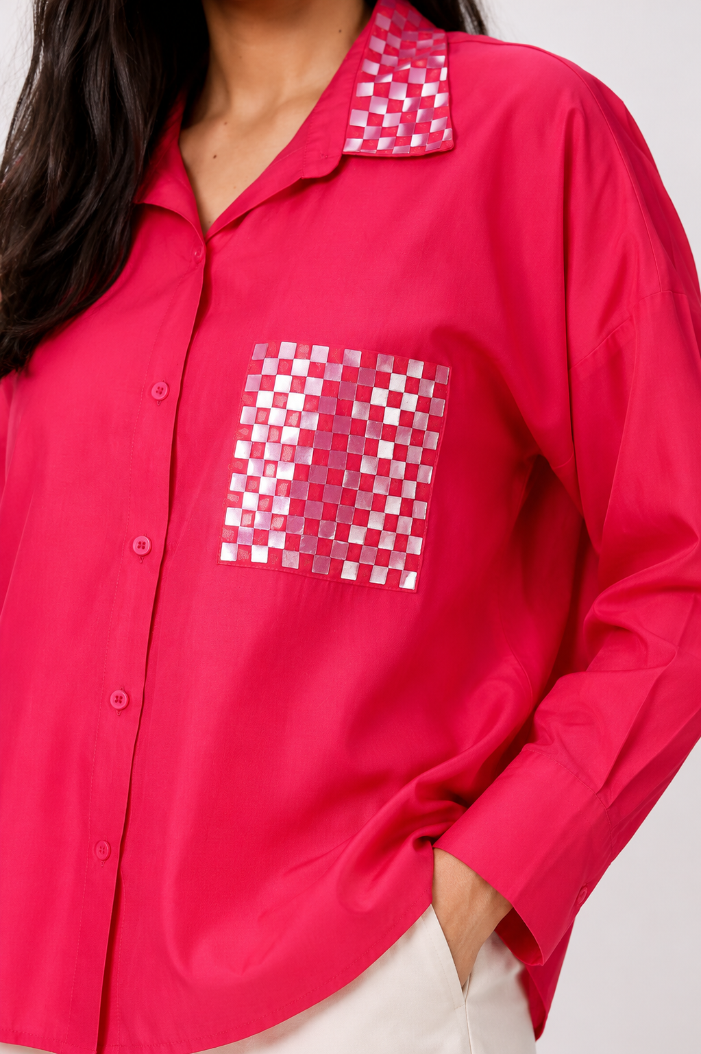 Fuchsia Cotton Silk Mirror Embroidered Oversized Shirt