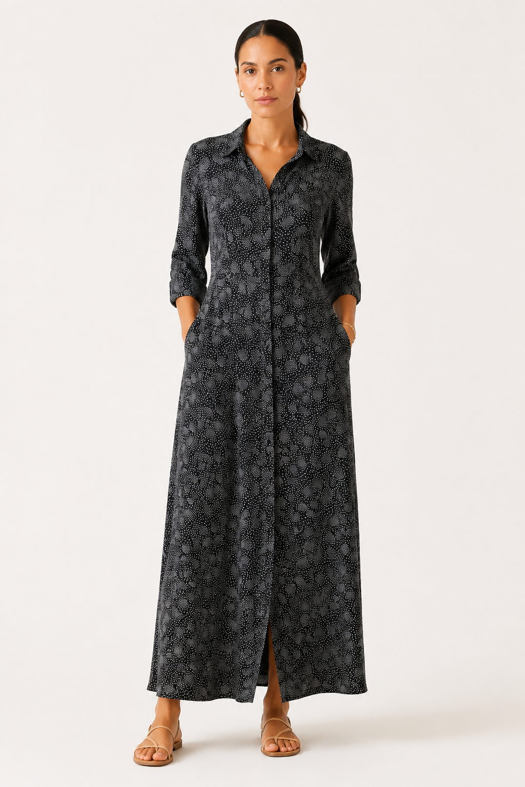 Black & White Ditsy Print Maxi Shirt Dress