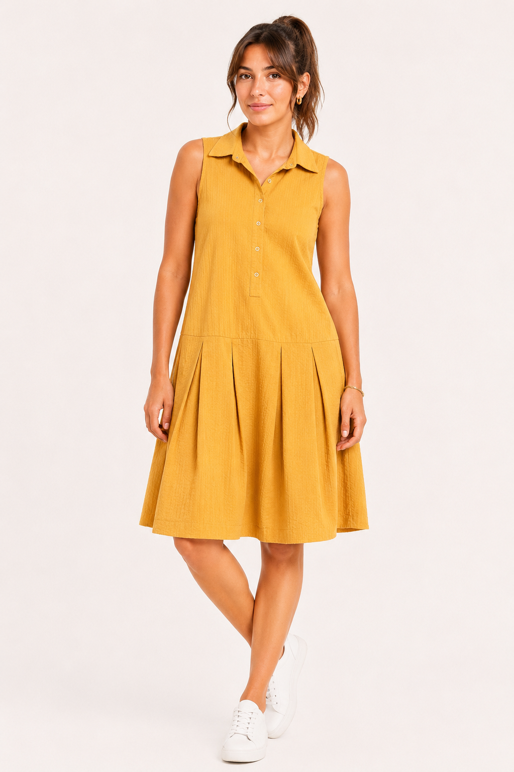 Soft Mustard Yellow Pleated Cotton Dress