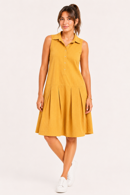 Mustard Yellow Wimbledon Pleated Cotton Dress