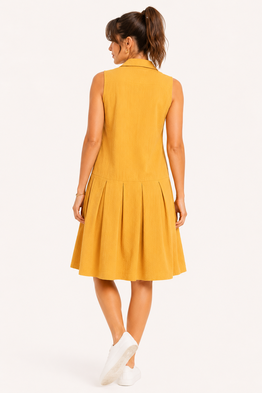 Soft Mustard Yellow Pleated Cotton Dress