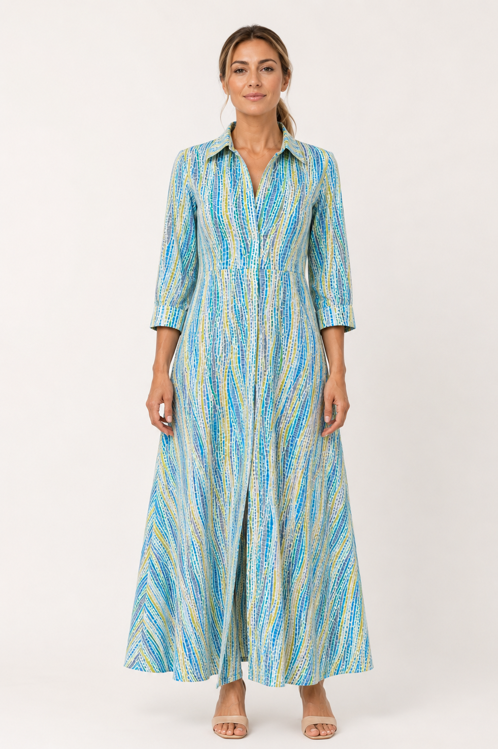 Blue Green Wave Print Viscose Maxi Dress