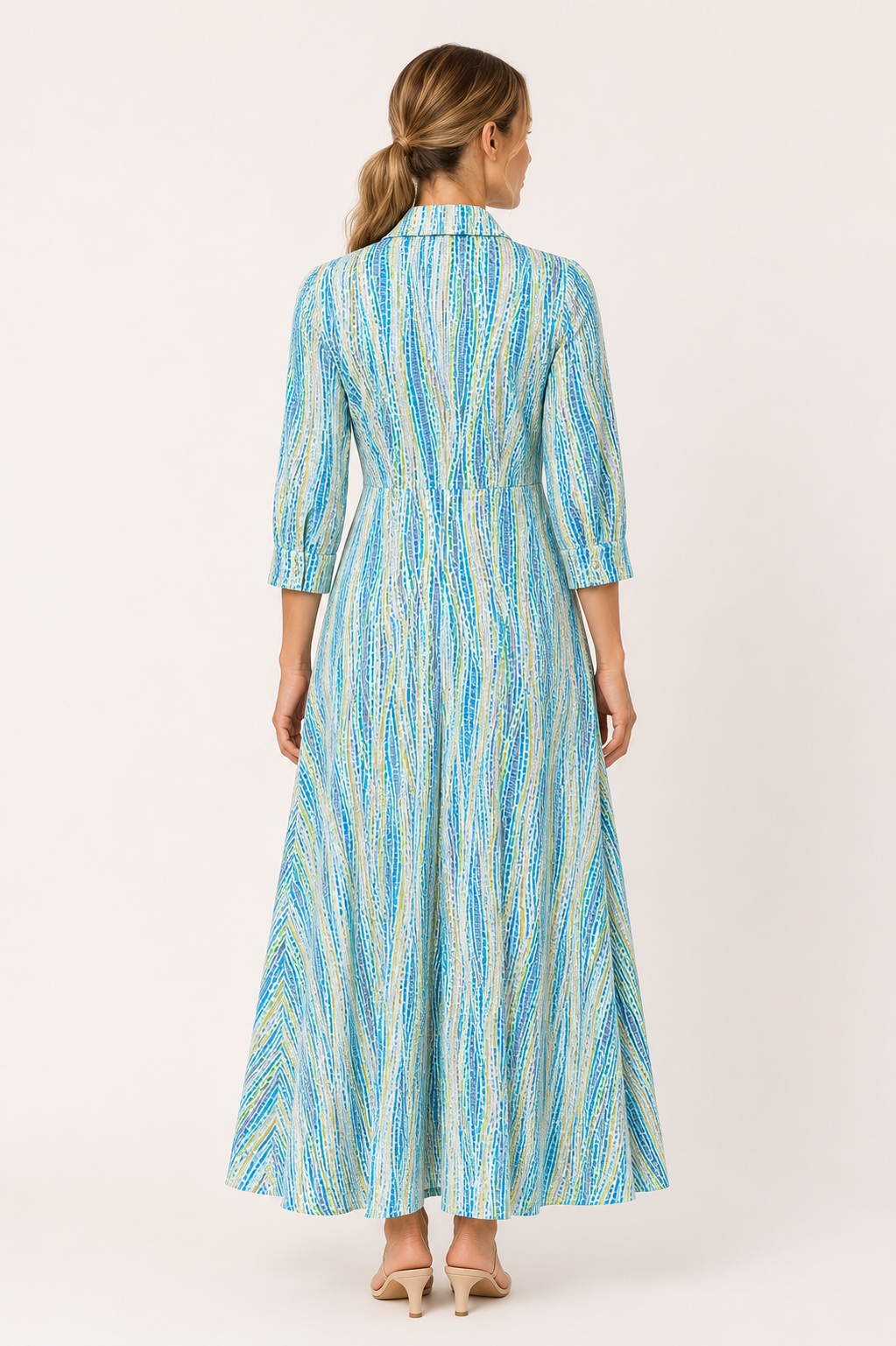 Blue Green Wave Print Viscose Maxi Dress