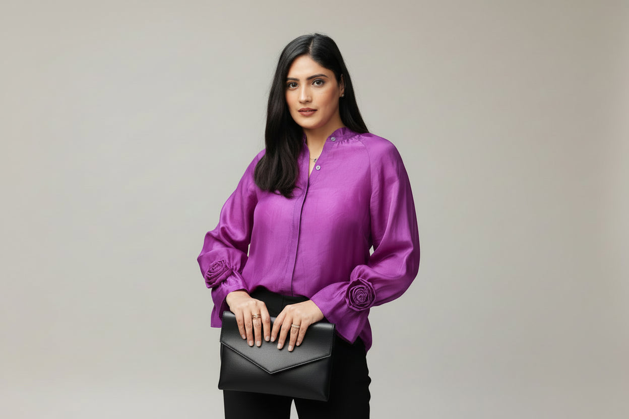 Purple Silk Chinese Collar Shirt