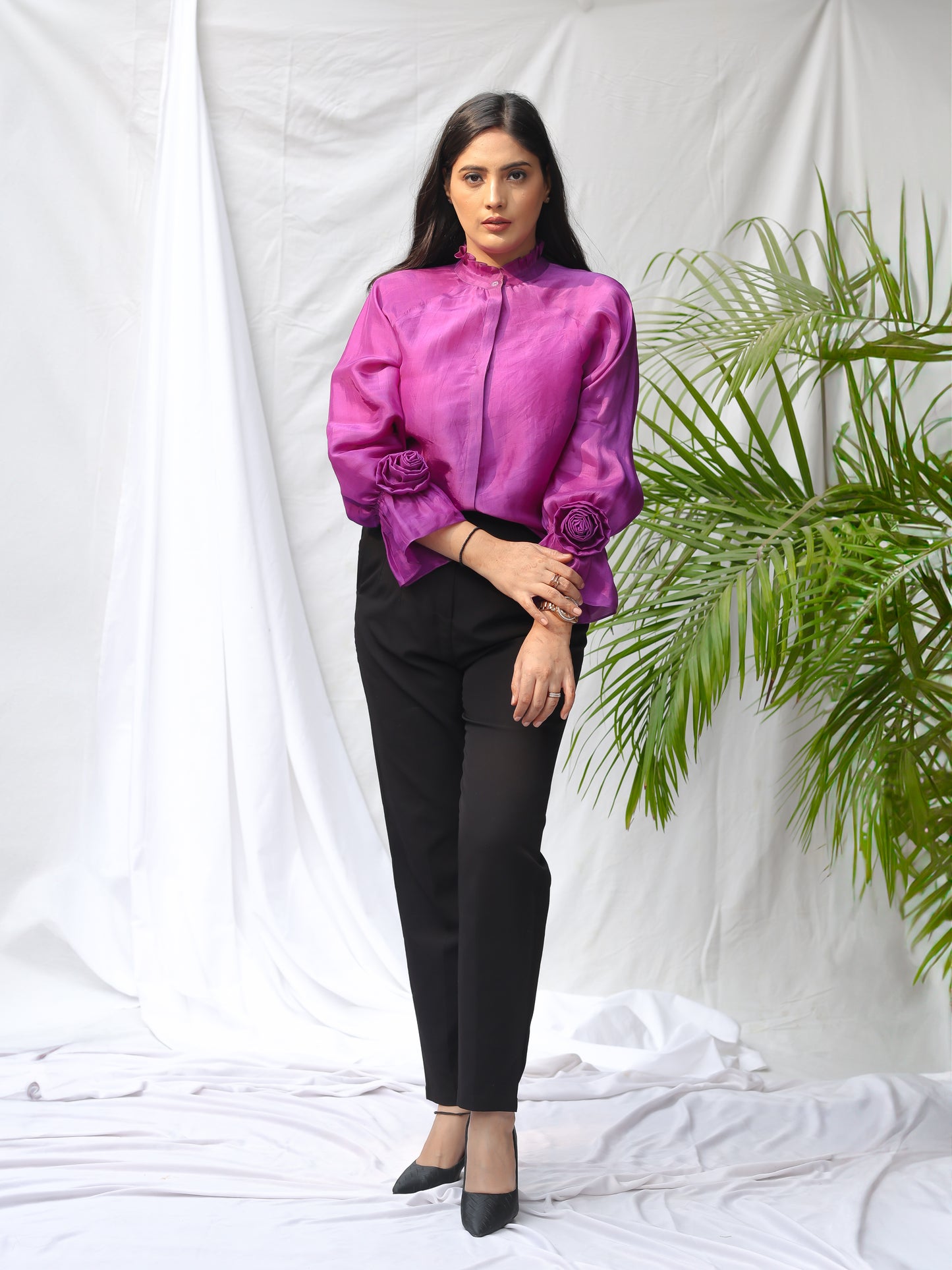 Purple Silk Chinese Collar Shirt