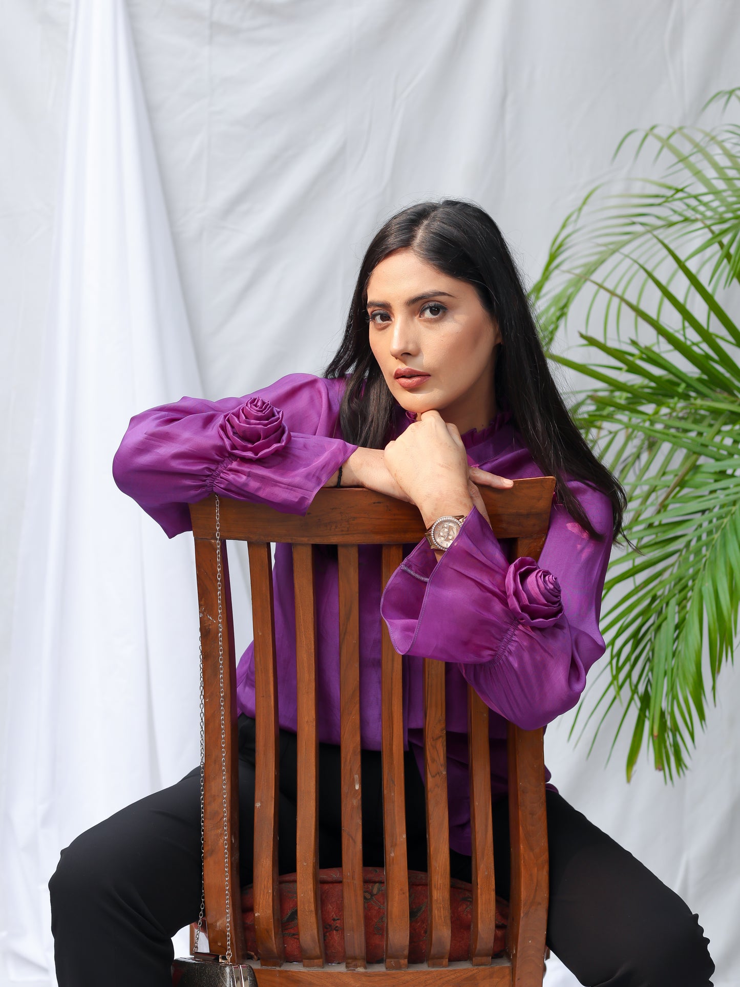 Purple Silk Chinese Collar Shirt