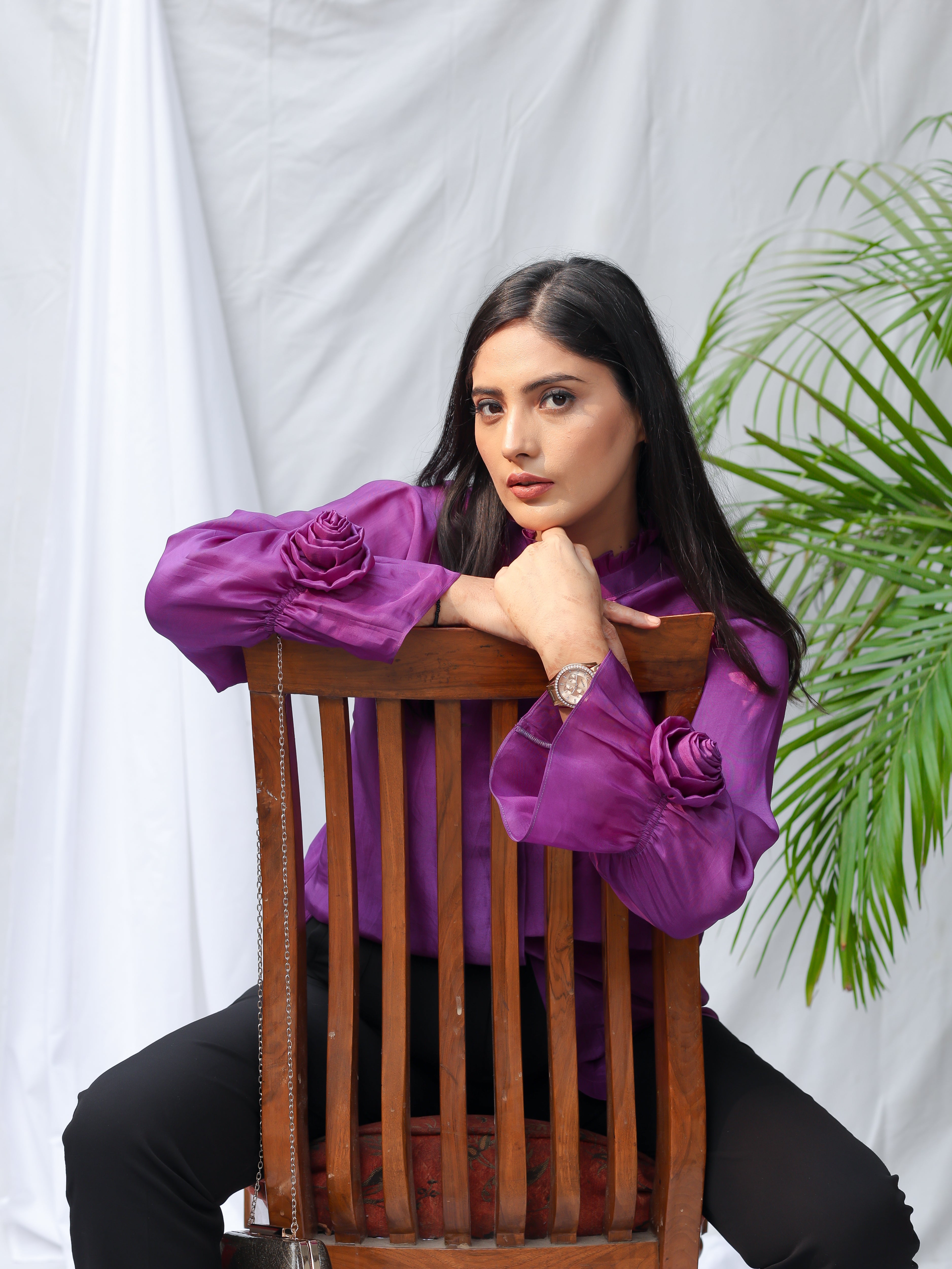 Purple Silk Chinese Collar Shirt
