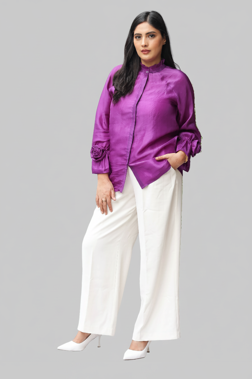 Purple Silk Chinese Collar Shirt