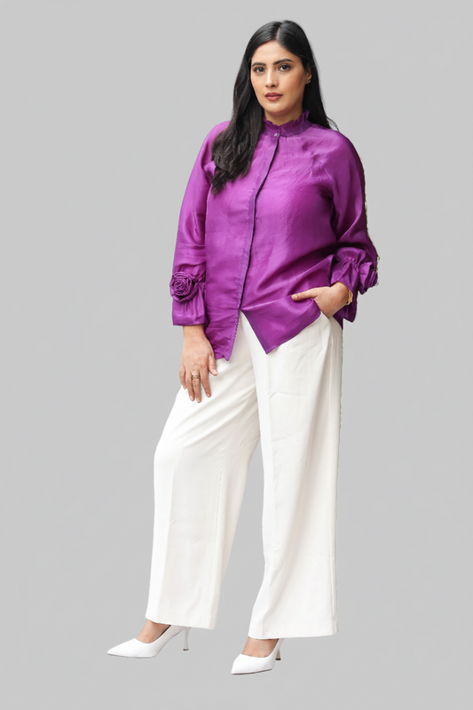 Purple Silk Chinese Collar Shirt
