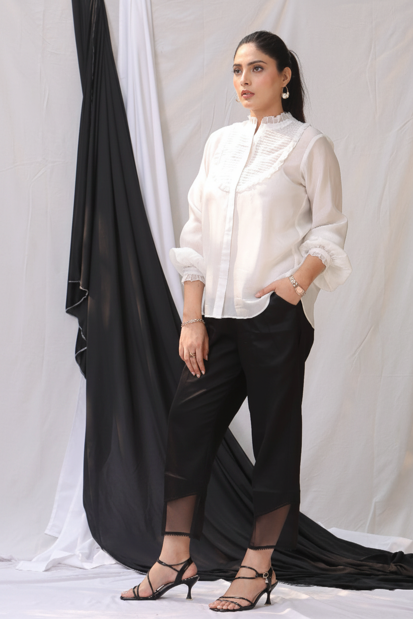 Ivory Silk Organza Pintuck Shirt