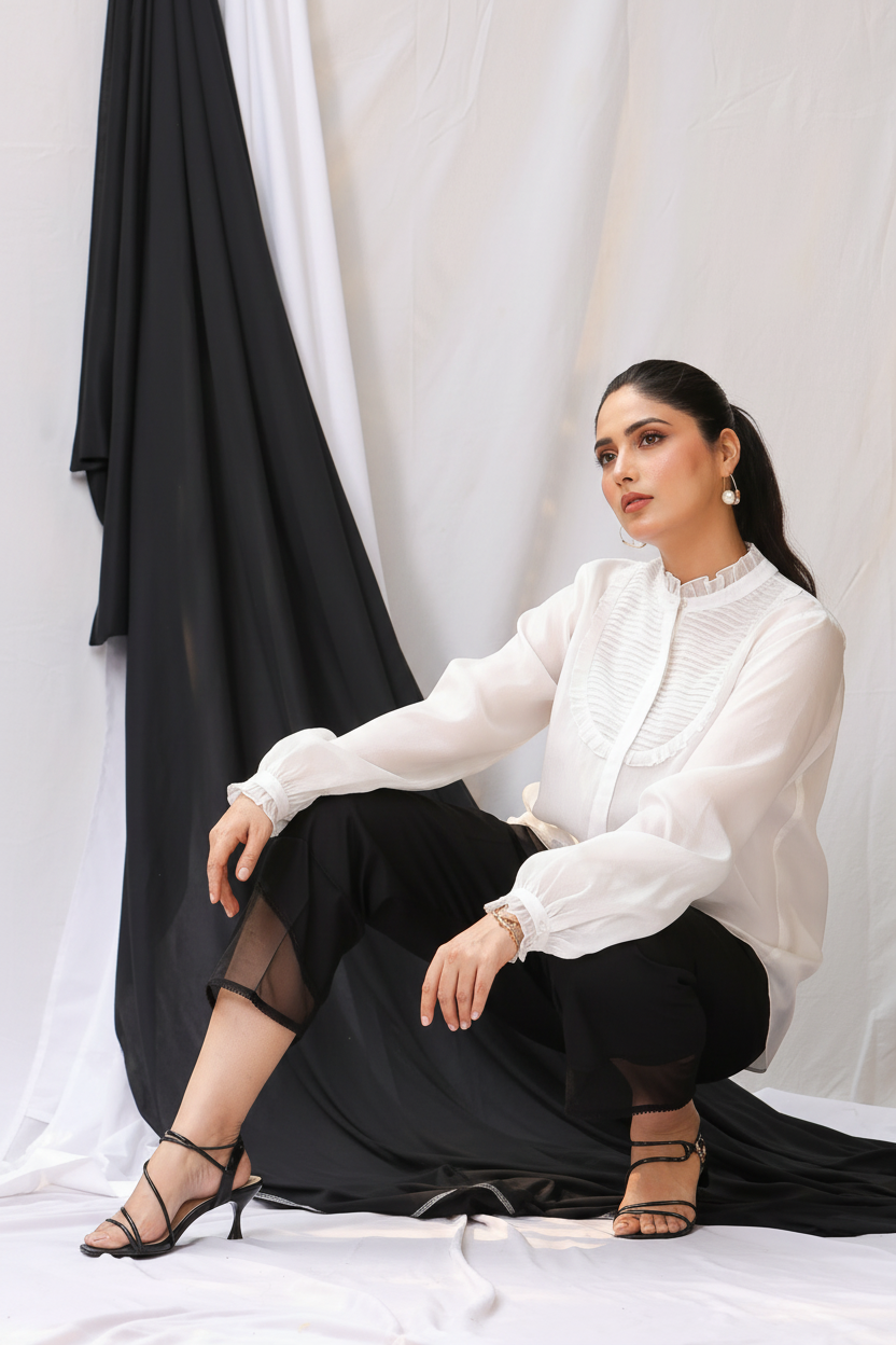 Ivory Silk Organza Pintuck Shirt