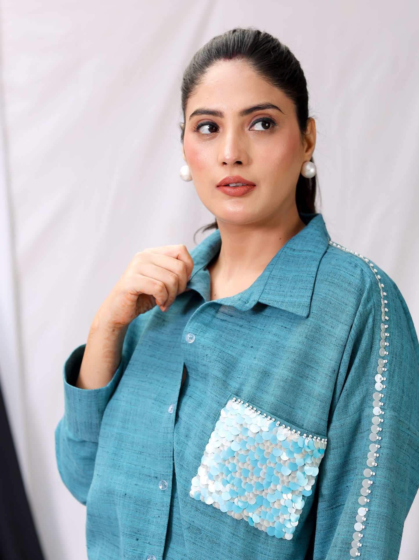 Rusty Blue Silk Oversized Shirt