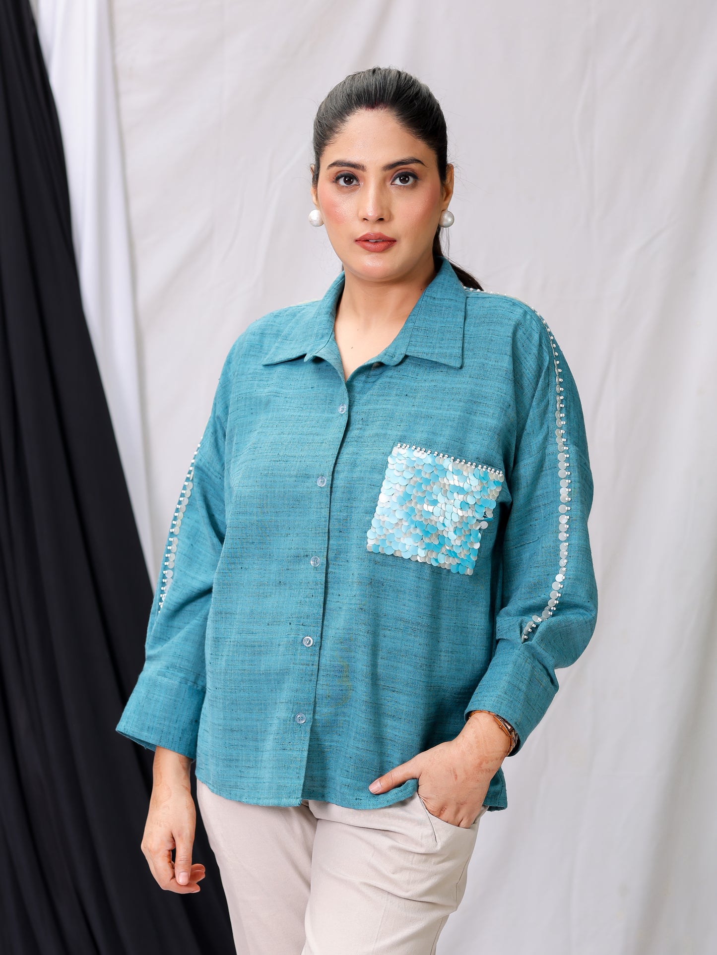 Rusty Blue Silk Oversized Shirt