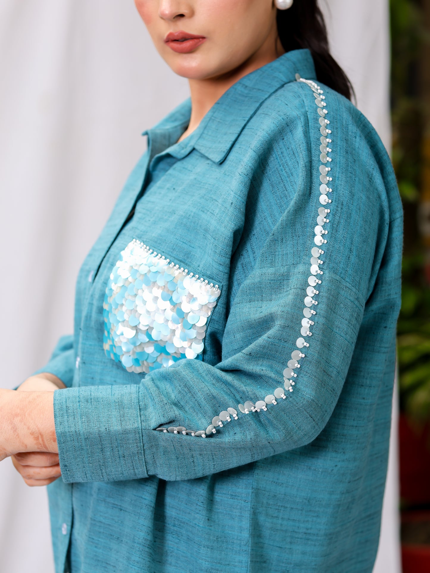 Rusty Blue Silk Oversized Shirt